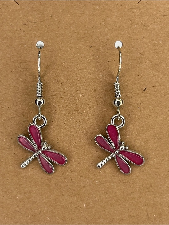 Fashion Jewelry Jewelry - Silver Dragonfly Drop Earrings with Pink Enamel
